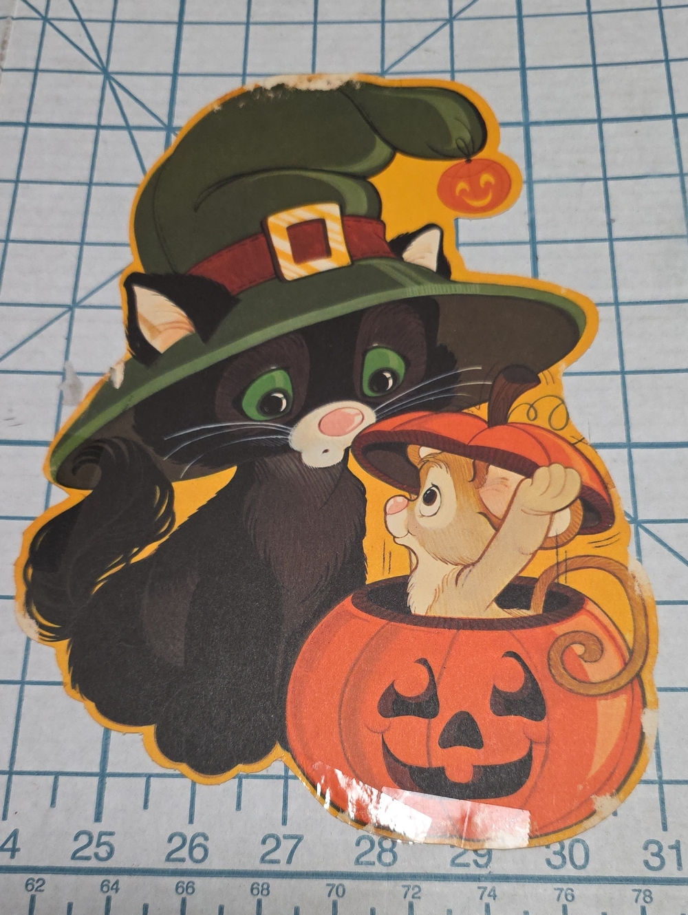 Halloween Cat & Mouse In Pumpkin Die Cut- VTG, 7.5"W X 10.3"T, 1 Sided